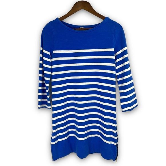 J. Crew Blue White Stripes 3/4 Sleeve Side Zip‎ Stretch Knit Tunic Sweater XS - Picture 1 of 11